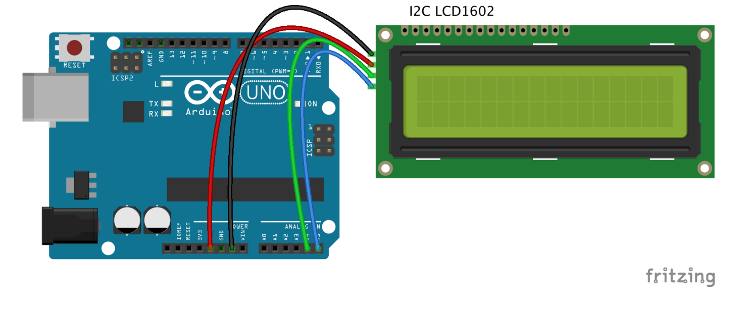 Schéma zapojení Arduino – I2C LCD 1602 displej připojený přes SDA na A4 a SCL na A5