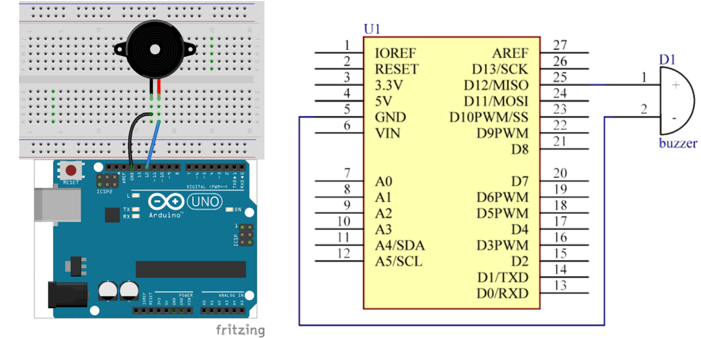 Schéma zapojení Arduino – aktivní bzučák kladnou nožičkou na pin 12 a zápornou na GND