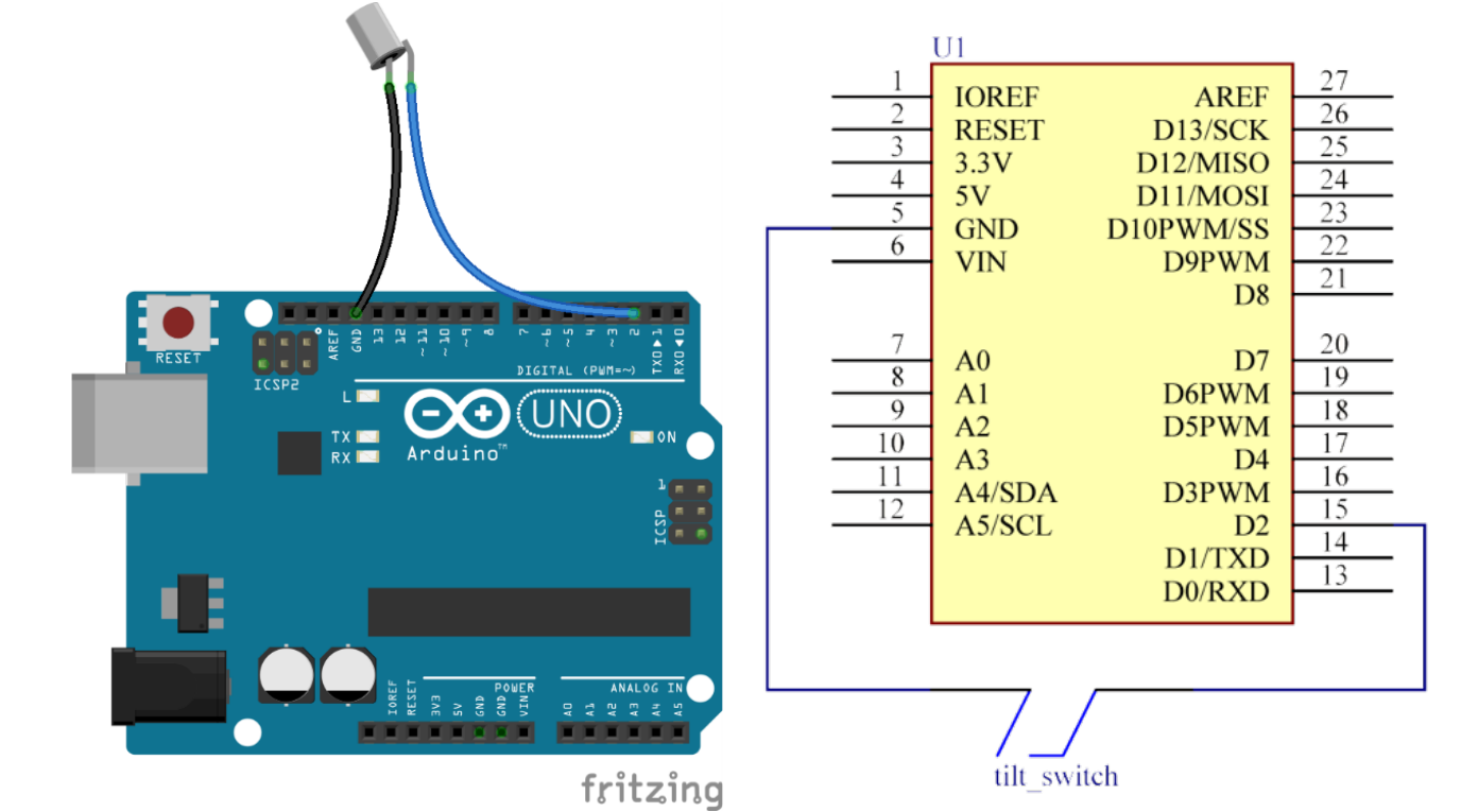 Schéma zapojení Arduino – otřesové čidlo na pinu 2 ovládá LED na pinu 13