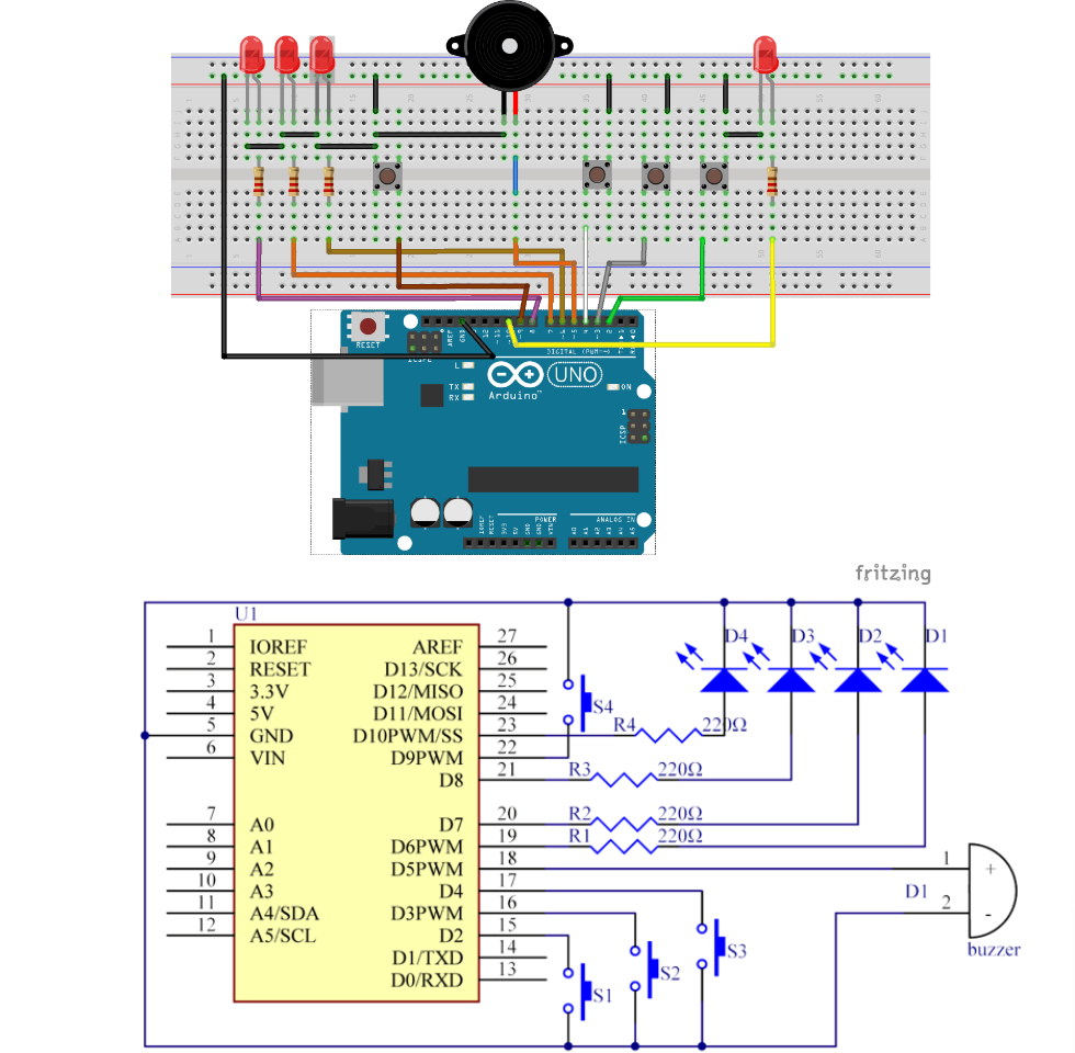 Schéma zapojení Arduino – kvízový bzučák, 4 tlačítka, 4 LED a bzučák na breadboardu