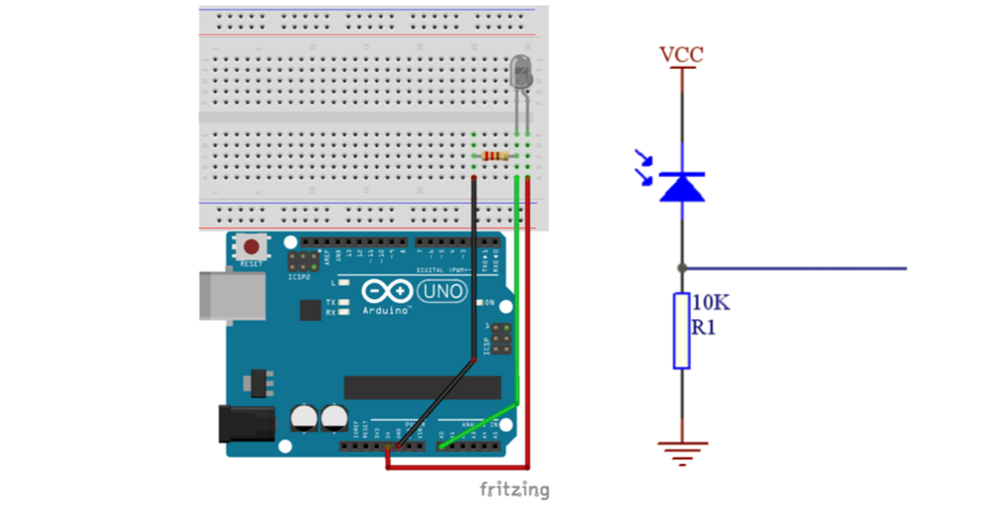Schéma zapojení Arduino – senzor plamene na pinu A0 a signalizační LED na pinu 13